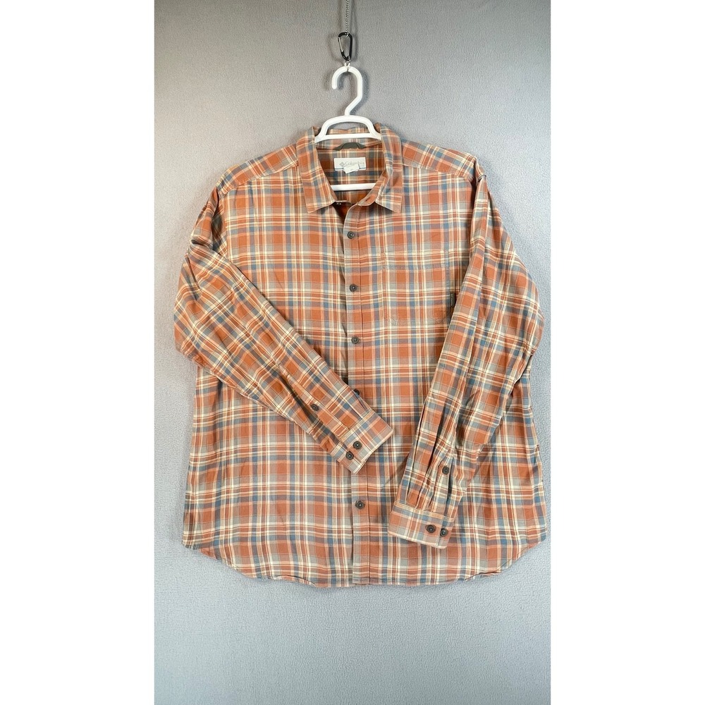 Columbia Button Front Shirt Mens XL Orange Plaid Long Sleeve Cotton Outdoor